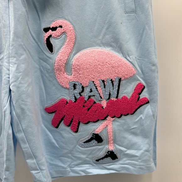 NWT RAW OWN THE NOW MENS GRAPHIC PATCH BLUE PINK MENS 2 POCKET SOFT TOUCH SHORTS - Picture 2 of 8